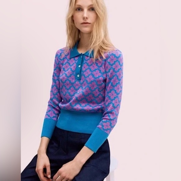 Kate Spade Women’s Flower Polo Sweater size Medium Pink & Blue✨ - Picture 10 of 12